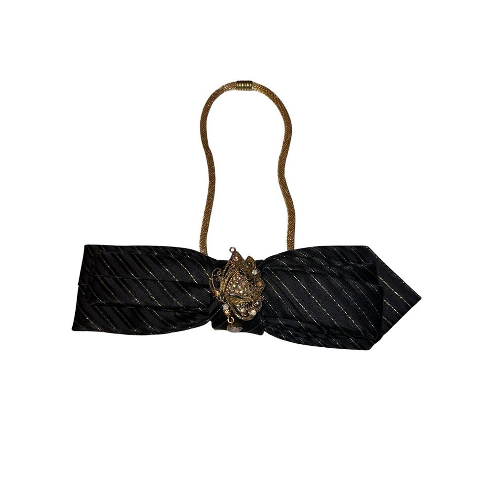 Elegant Black Striped Junk Tie Necklace Fashion  Accessory Gold Butterfly Brooch